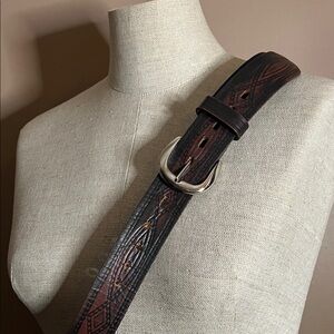 Embossed brown leather belt silver buckle wrangler